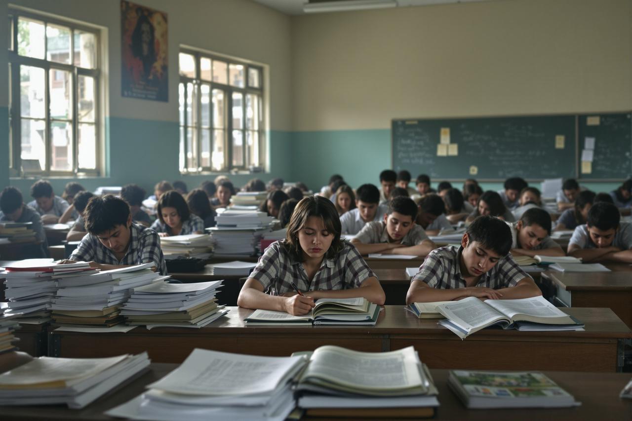 暑期补课的高中教室，学生疲惫地在书堆中学习的场景