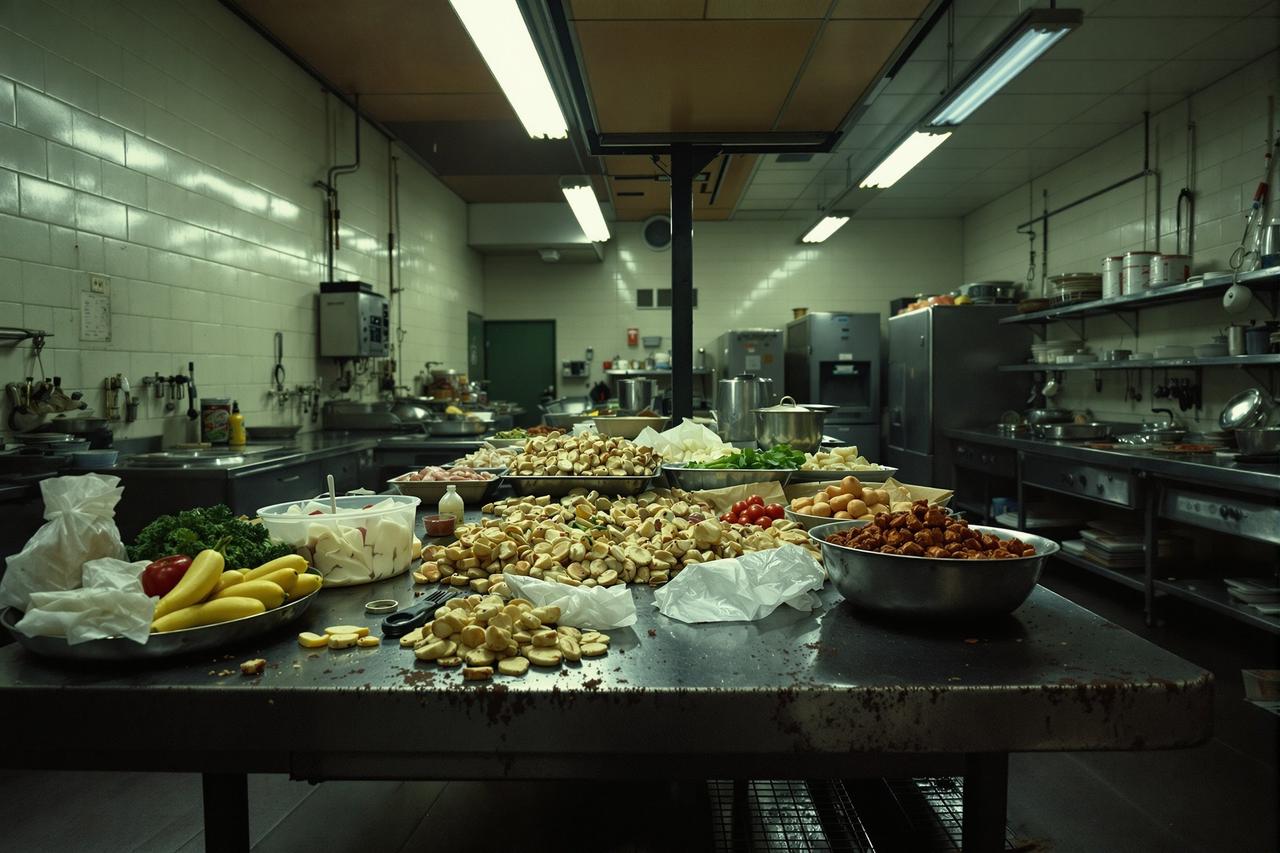 学校食堂后厨发现过期食材的现场照片，不锈钢台面上堆满过期包装